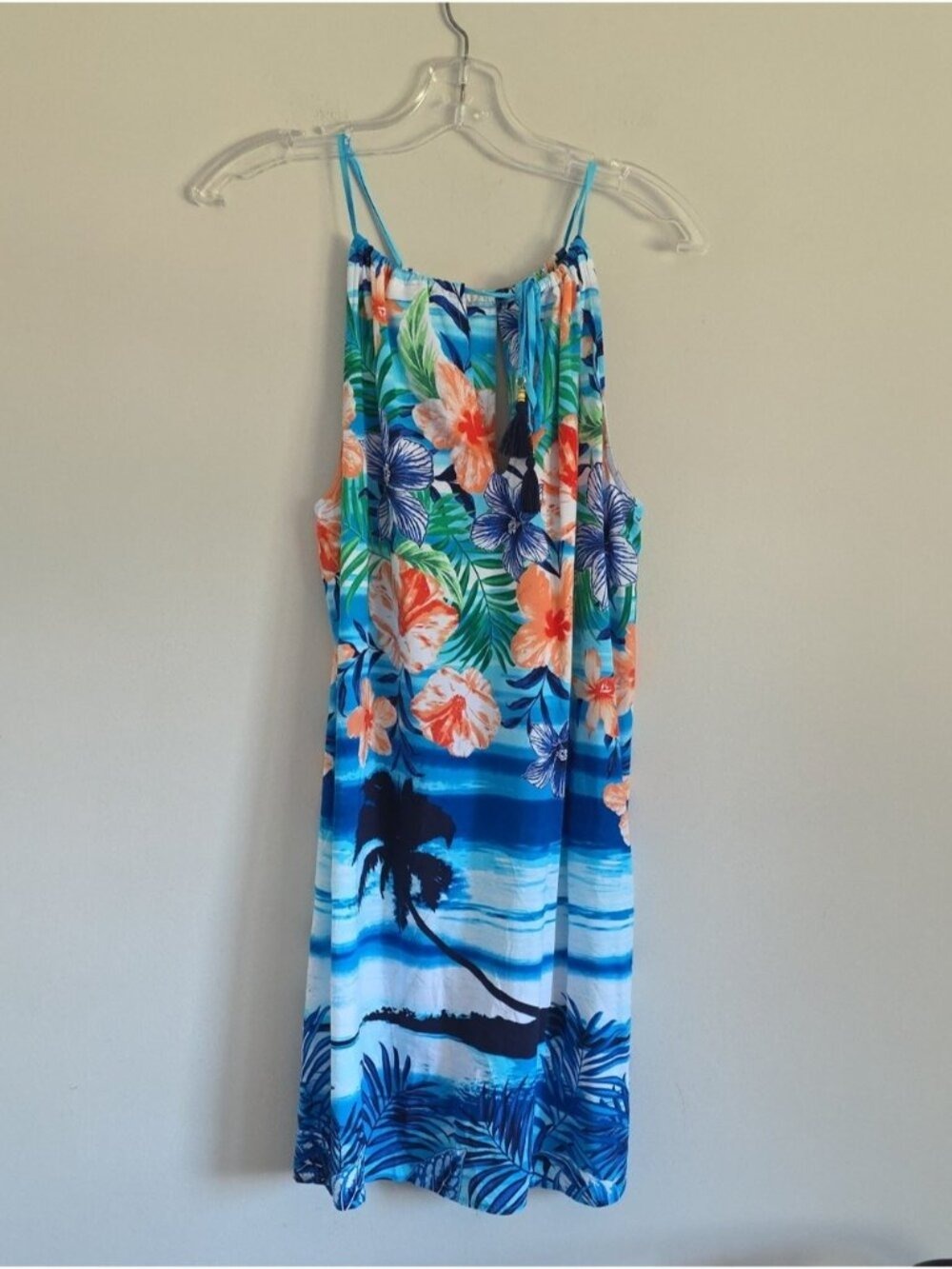 TOMMY BAHAMA | Floral Hawaiian Drawstring Neck Relaxed Dress Blue Orange Sz S